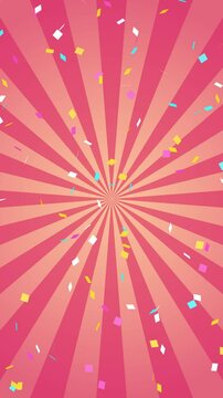 カラフルな紙吹雪と右回転するサンバーストのループ動画（赤）【縦長ビデオ】