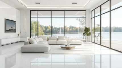 Minimalist home interior with white walls, sleek furniture, and large windows