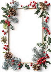 Minimalist Gold Frame with Christmas Pinecones and Holly Decorations