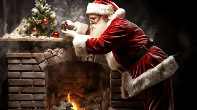 Cute Santa Claus next to a chimney