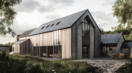 Modern barn conversion home with large windows, stone and wood exterior, patio and garden.