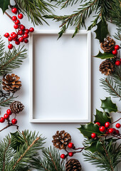 Minimalist Rectangular Christmas Frame with Pinecones and Holly
