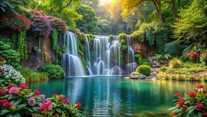 Fototapeta premium Waterfall scene with lush greenery and vibrant flowers surrounding a tranquil lake, water, natural