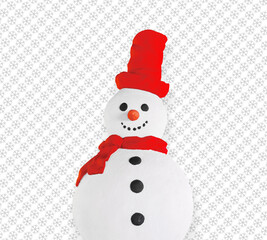 Christmas card with a snowman on a white background with snowflakes.