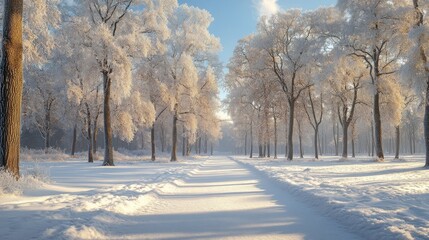 A serene winter landscape with snow-covered trees lining a tranquil path.