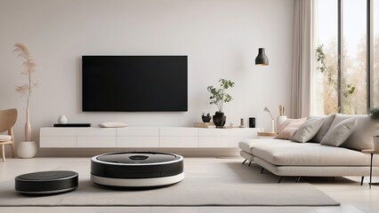 Minimalist living room with an AI-powered robotic vacuum, an ultra-thin smart TV, and monochrome decor.