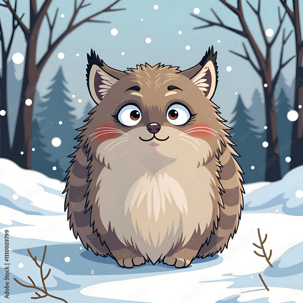Canvas Prints charming cartoon creature happily sitting in a snowy landscape with soft falling snowflakes and pine