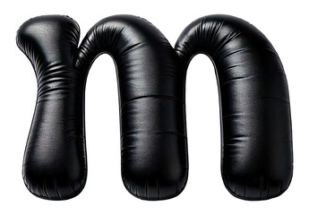 The letter M is made of black leather and has a unique, twisted shape. It is a creative and unconventional way to represent the letter, and it adds a touch of edginess and sophistication to the design