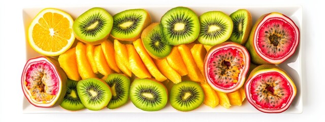 Naklejka premium A tropical fruit platter with slices of passion fruit, guava, and kiwi