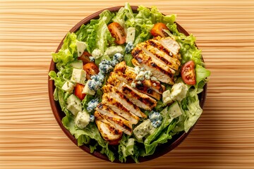 A Bowl of Cobb Salad with Grilled Chicken and Blue Cheese Crumbles. Perfect for Healthy Lunch Menu Ideas.