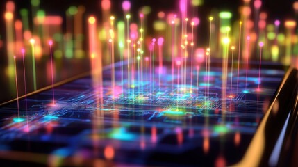 Fototapeta premium Colorful Data Visualization on Electronic Circuit Board Surface