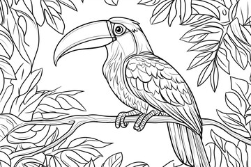 Fototapeta premium cartoon style black and white coloring book page, Toucan