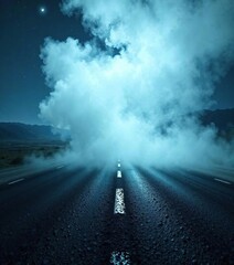 White vapour rising from the ground on a deserted road at night, vapor, lonely
