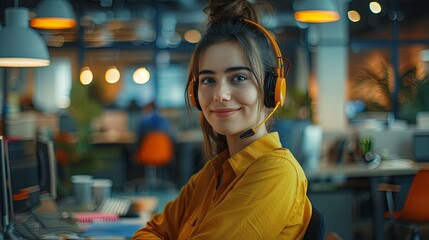 Smiling young woman in yellow shirt wearing headset in modern office