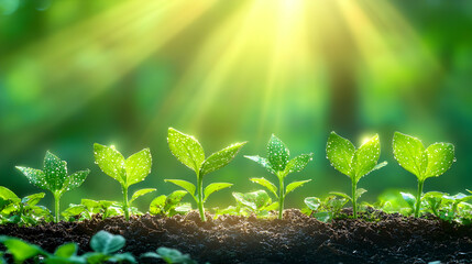 Five young plants growing in soil, sunlight.