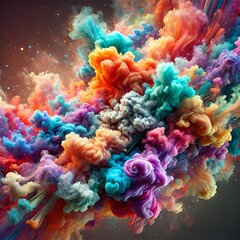 A surreal and dynamic image of colorful smoke clouds blending together, with vibrant hues of pink, orange, teal, purple, and yellow