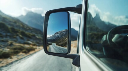 Fototapeta premium Mountain Road Reflection in Car Mirror: Scenic Drive