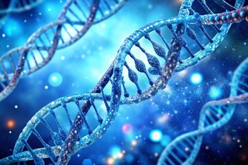 Three Diagonal DNA Chains with Digital Code on a Blue Background Representing the Future of Medicine and Genetic Research in 3D Rendering