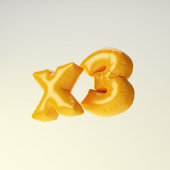Inflated yellow x3 symbol isolated over white background. 3D rendering.