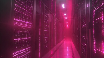 Fototapeta premium A Futuristic Pink Server Room, Glowing with Data