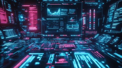 Obraz premium Futuristic Digital Interface with Neon Lights and Data Visualizations