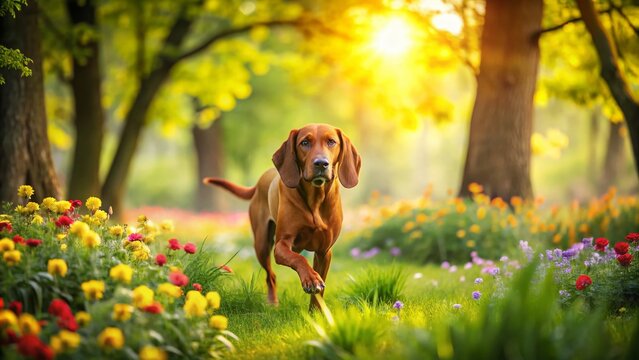 Tilt-Shift Photography of a Playful Redbone Coonhound in a Lush Green Park Surrounded by Vibrant Flowers and Gentle Sunshine, Capturing the Joy of Nature and Pets Together