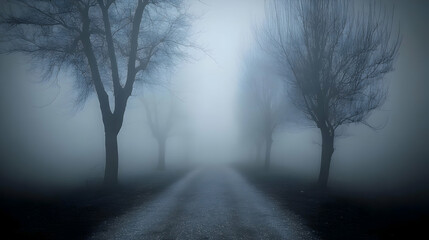 Fototapeta premium Foggy road disappearing into misty trees.
