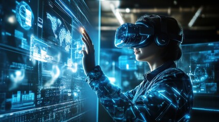 Person Using Virtual Reality Headset in a High-Tech Environment