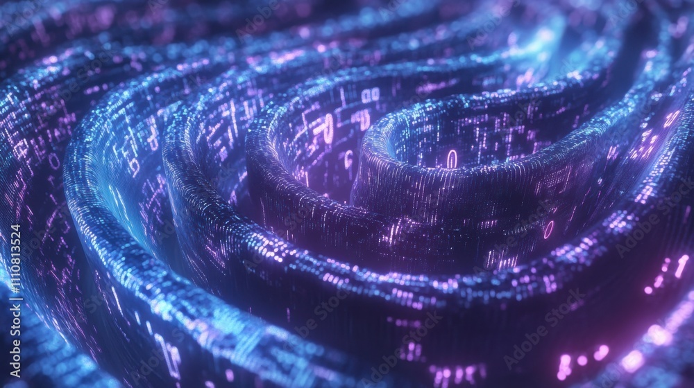 Fototapete Abstract Digital Wave Flow with Glowing Binary Code Elements