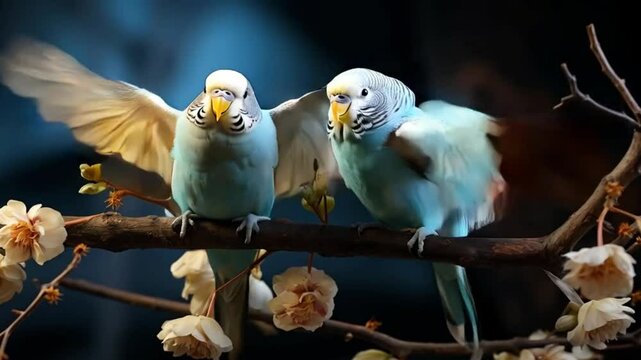 Pair of parakeets perched on a tree branch