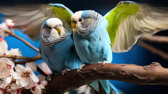 Pair of parakeets perched on a tree branch