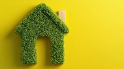 A house-shaped figure covered in green grass against a vibrant yellow background, AI