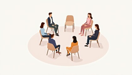 The image shows a mental health support group consisting of six people sitting in a circle of chairs with one empty chair in the center. It highlights the importance of group support