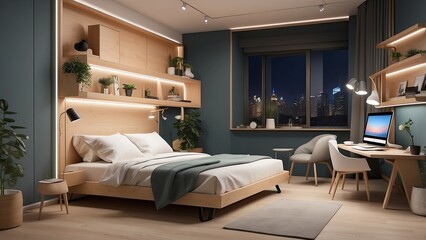 Compact studio apartment with a foldable smart bed, multipurpose furniture, and touch-controlled wall lighting.