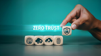 Zero Trust Cybersecurity Concept with Digital Security Icons Representing Data Protection, Cloud Security, Network Access, and User Authentication for Modern IT Frameworks .Person picking wooden box .