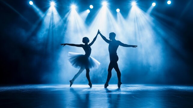 Graceful Ballet Dancers on Stage Under Spotlight - Powered by Adobe