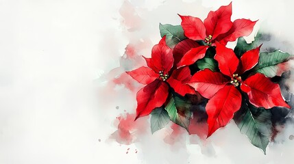 Watercolor poinsettia flower with rich red petals and green leaves, painted in a soft, natural style on white