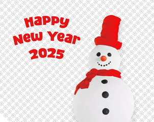 Greeting card with a picture of a snowman on a white background with snowflakes. Happy New Year 2025.