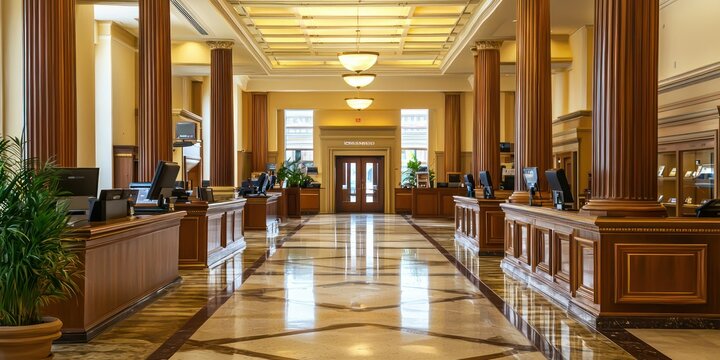Traditional bank interior with marble floors, large columns, and teller stations
