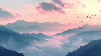 Obraz premium Artistic animation of a serene mountain landscape with mist and a flock of birds flying in the clear sky