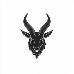 Obraz premium Majestic black goat head with curved horns, isolated on white background.