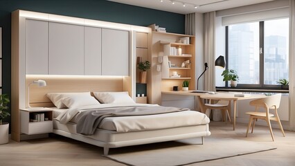 Compact studio apartment with a foldable smart bed, multipurpose furniture, and touch-controlled wall lighting.