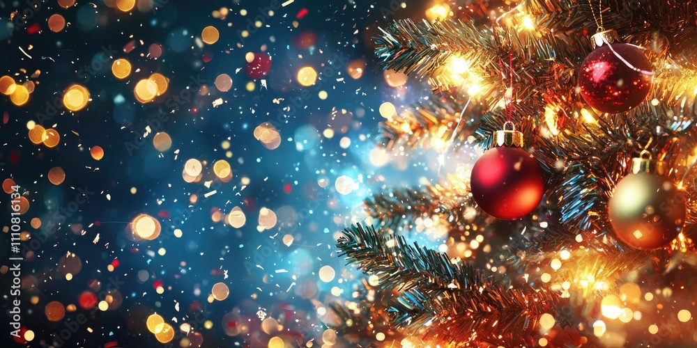 Poster brightly colored new yearâ€™s background with confetti and lights