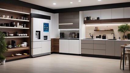 High-tech kitchen featuring a touchscreen fridge, voice-activated stovetop, and automated coffee station.