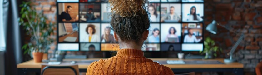 A person is seen from behind, engaged in a video conference with multiple participants displayed on a large screen in a cozy workspace.