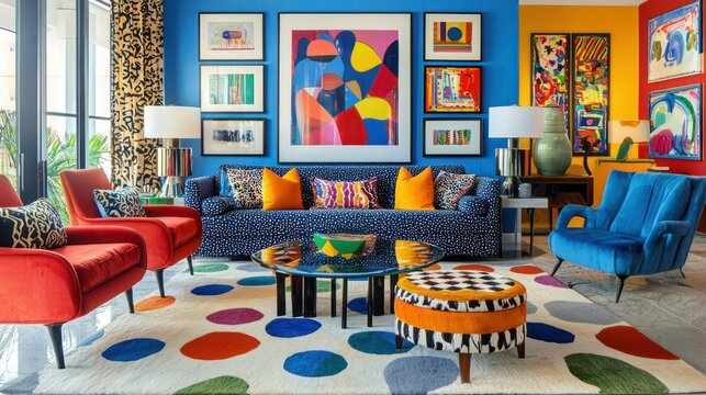 Vibrant, eclectic interior design featuring bold patterns and bright colors