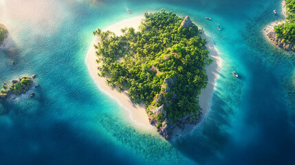 A heart-shaped island with lush green vegetation