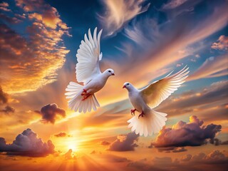 Two White Doves Gracefully Soaring Against a Stunning Pink and Orange Sunset Sky, Illuminated by Warm Light and Soft Clouds, Capturing the Beauty of Nature in Tilt-Shift Photography