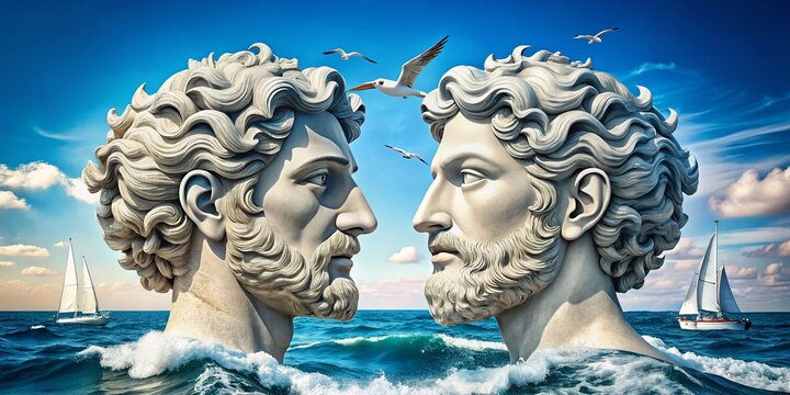 Two-faced Janus Coin Illustration with Male Profiles, Yachts on Waves, and Seagulls, Continuous Line Drawing on White Background for Unique Art and Decor