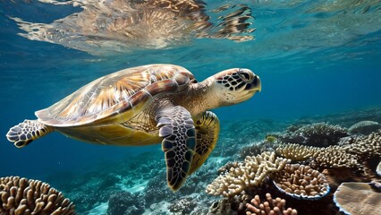 Obraz premium Sea Turtle Gliding Over Coral Reef in Crystal-Clear Sunlit Water